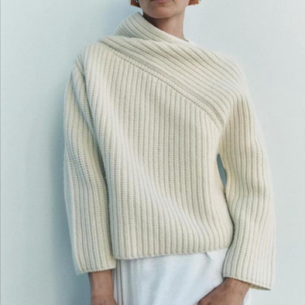 Zara Wool Blend Asymmetric Neckline Sweater Ecru Medium M